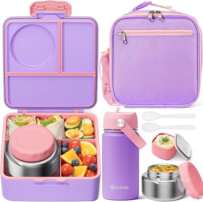 Fimibuke Bento Box for Kids Adult - Leakproof 3-4 Compartments Lunch Bento Box Set with Insulated Food Jar, Water Bottle, Lunch Bag, Sauce Cup & Cutlery for Toddler Teen Shcool Girl Boy Age 3+