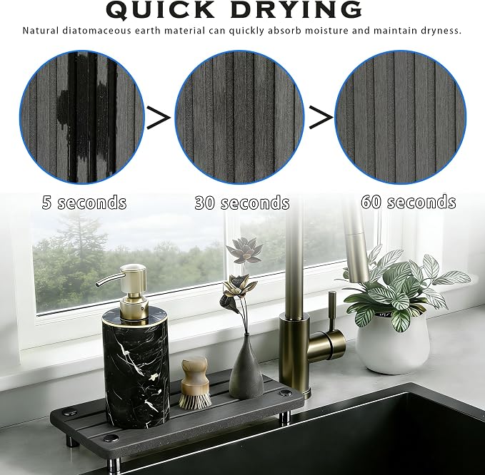 2PCS Instant Dry Sink Caddy for Bathroom Counter, Durable Kitchen Sink Organizer, Diatomite Stone Drying Tray, Upgrade Water Absorbing Stone Tray for Sink, Anti-Slip Stone Soap Tray -Dark Gray