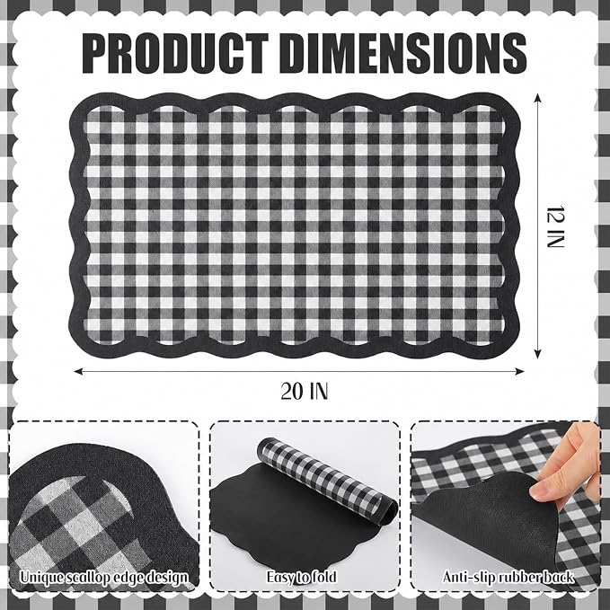 Black and White Scalloped Gingham Coffee Mat 12" x 20" | Absorbent Bar Mat Gingham Espresso Matt with Non Slip Rubber Backing for Coffee Countertops