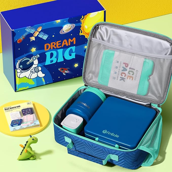 Fimibuke Kids Bento Snack Lunch Box with Thermo Insulated Toddler Lunch Bag | Lunch Box Kids with 4 Compartment, Food Jar, Ice Pack, Utensils, Birthday Gifts for Ages 3-12 Back to School Toddler Girl Boy