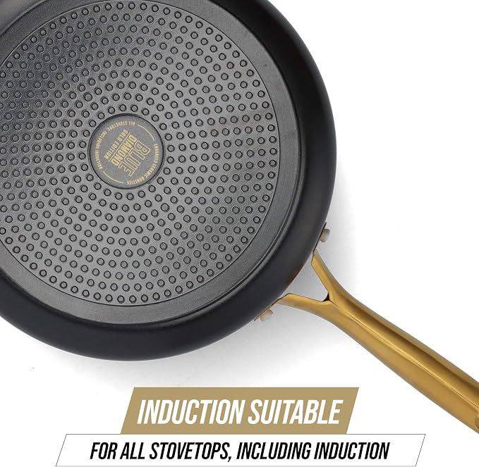 Blue Diamond 4QT Saute Pan with Lid, Non Toxic Induction PFAS-Free Diamond Ceramic Nonstick, Dishwasher & Oven Safe, Metal Utensil Safe, Gold Handle & Helper Handle, Jumbo Skillet, Glass Lid, Black