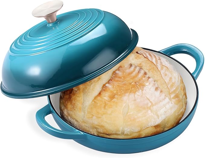 6 QT Enameled Cast Iron Round Bread Oven, Sourdough Dutch Oven | Bread Oven for Homemade Sourdough Bread Baking, Bread Pot with Dome Lid, Gift for Sourdough Baker, 500°F Oven Safe, Bluegreen