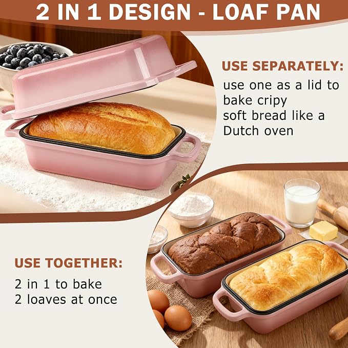 9 x 5 Inch Bread Pan Enameled Cast Iron Loaf Pan with Lid for Baking Pink | 2 in 1 Non-stick Sourdough Bread Loaf Pan for Homemade Bread, Oven & Stovetop Safe for Gas, Electric & Induction