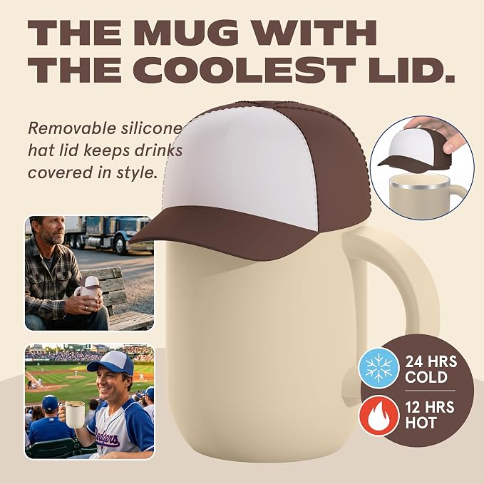 asobu Happy Hat Mug – 12 oz Double-Walled Stainless Steel Insulated Cup with Beanie-Shaped Lid – Ceramic Inner Coating – Spill-Proof and Ergonomic Design for Home and Travel (Brown)