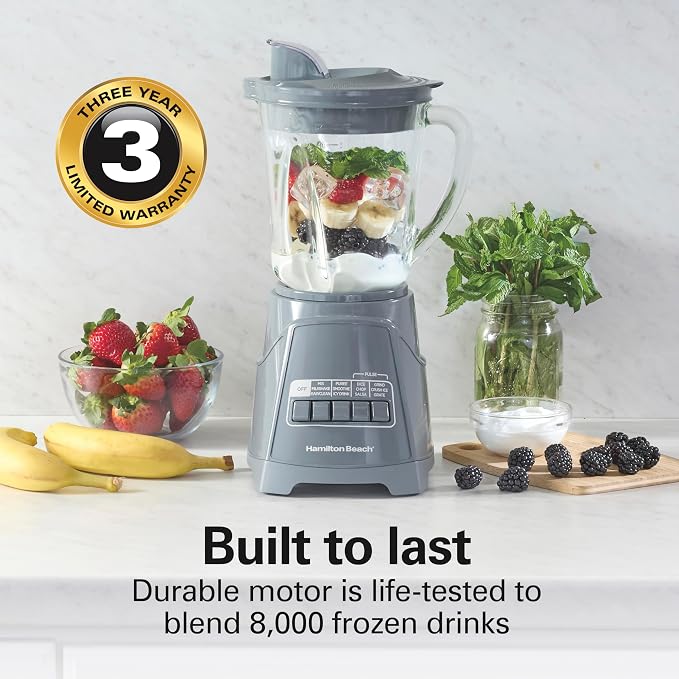 Hamilton Beach Power Elite Blender For Smoothies With Wave Action System | 40 oz. Glass Jar | 12 Functions Including Puree, Crush Ice | 700 Watts | Grey | 58153J