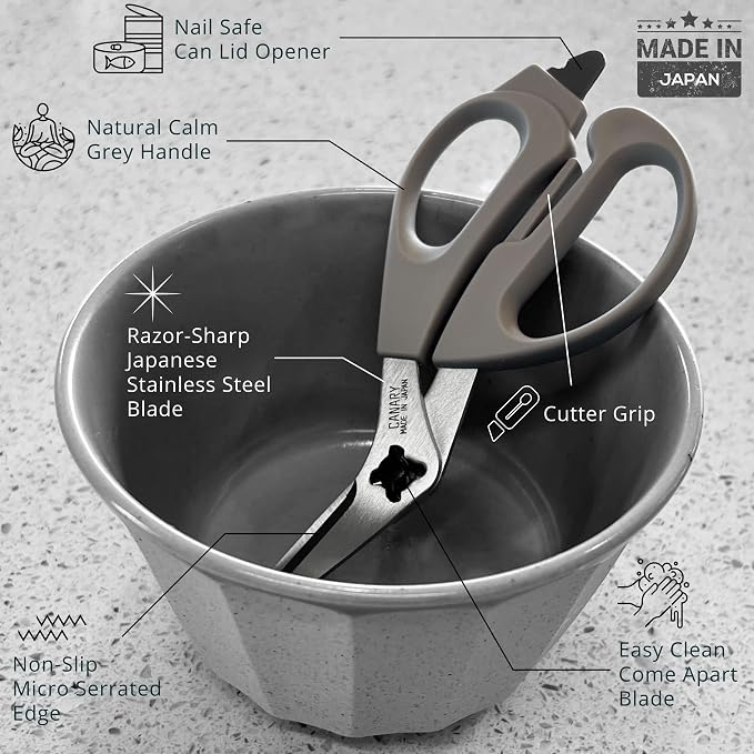 CANARY Japanese Kitchen Shears with Cutter 7.5" Offset Angled Blade, Made in JAPAN, Dishwasher Safe Come Apart Blade, All-Purpose Detachable Kitchen Scissors, Rust Proof Japanese Stainless Steel, Gray