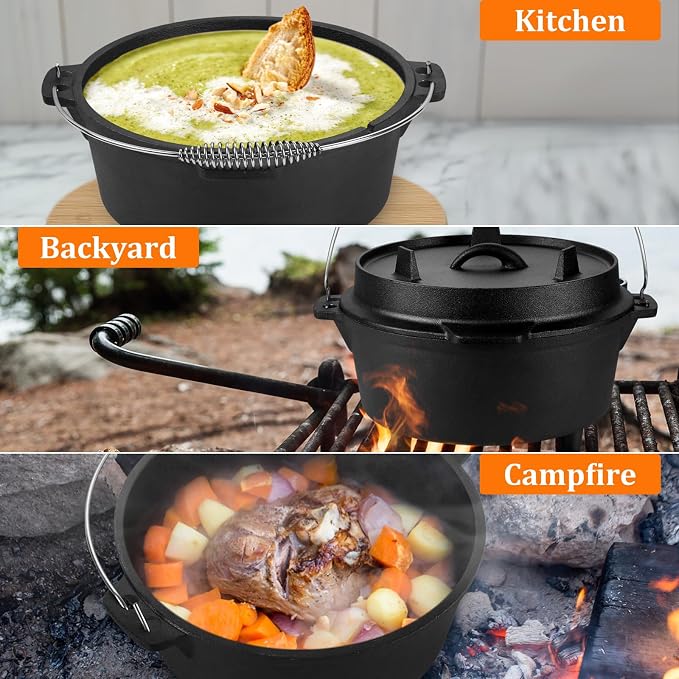 Leonyo 7QT Pre-Seasoned Dutch Oven Camping with Lid Lifter, 2-in-1 Pots | 2-IN-1 Cast Iron Camping Dutch Oven, Heat Conduction & Good Sealing & Heavy Duty