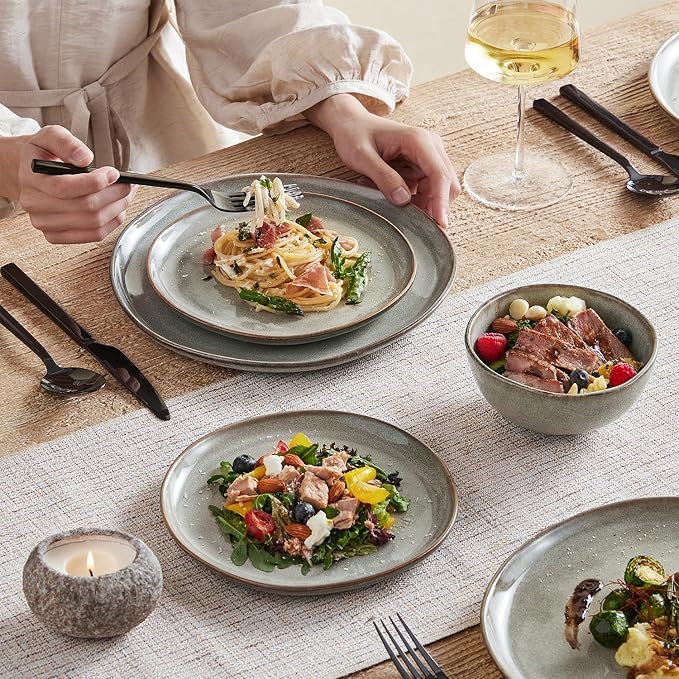Stoneware Dinnerware Sets for 4, Reactive Glaze Plates and Bowls, Grey | 12-Piece Handcrafted Rustic Porcelain Dishes Set, Highly Scratch Resistant, Dishwasher & Microwave Safe