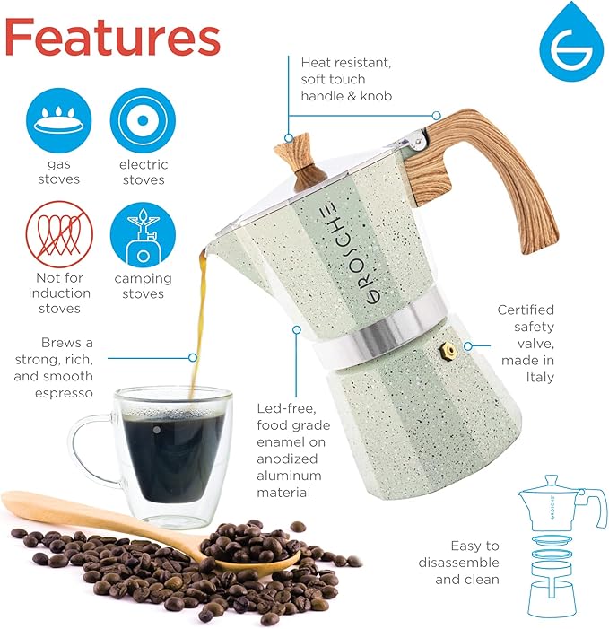 GROSCHE Milano Moka pot, Stovetop Espresso maker, Greca Coffee Maker, Stovetop coffee maker and espresso maker percolator (Mint, 9 cup) | Cuban Coffee Maker And Italian Moka Pot For Stovetop Espresso; For Gas, Electric, And Propane Stoves With A Soft-T...