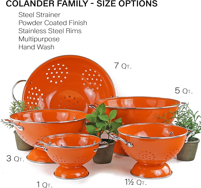 Reston Lloyd, 3 Quart Powder Coated Steel Kitchen Strainer Basket for draining Pasta, Vegetable and Fruit, Chrome Handles and Wide Stable Base, Orange