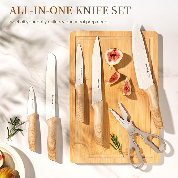 Astercook Knife Set, 13 Pieces Kitchen Knives Set with Ceramic Coating, Stainless Steel Chef Knife Sets with 6 Blade Guards, Dishwasher Safe Knives with Wood Grain Handle, Elegant White