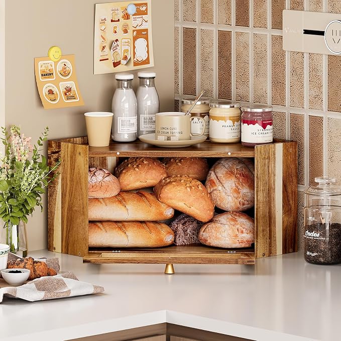 Trironsun Stylish Acacia Corner Bread Box for Kitchen Counter Wood Large Capacity Rustic Bread Storage Container with Wavy Arcylic Transparent Door for Homemade Bread (Acacia Wood)