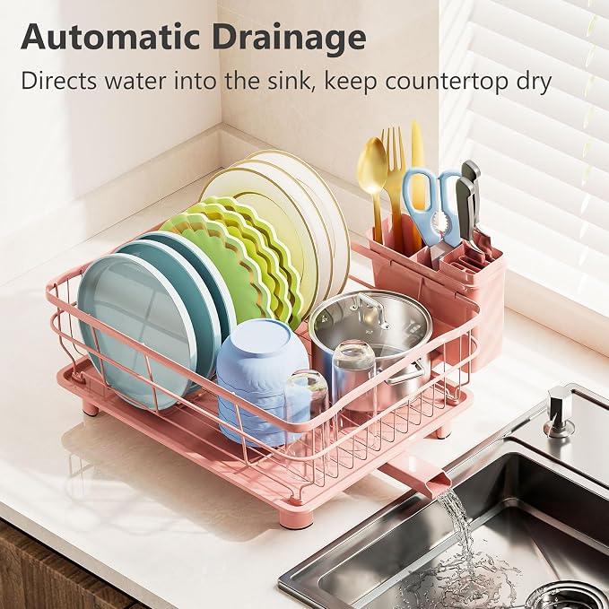 AIDERLY Auto Drain Metal Dish Drying Rack Dish Drainers, Pink | with Draining Tray, Strainer, for Kitchen Counter, Sink