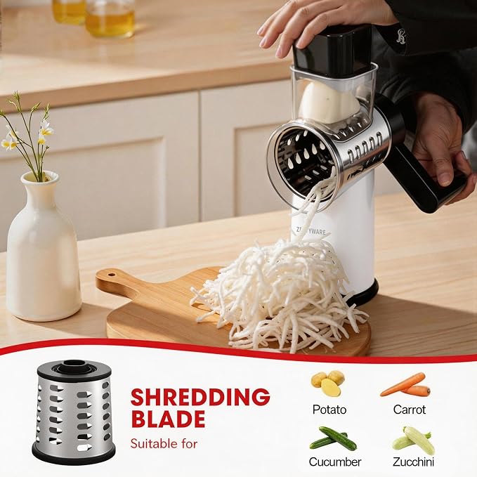 Rotary Cheese Grater Hand Crank with Foldable Handle, Three Blades | Perfect Graters for Kitchen, Fresh Cheese, Vegetables, Nuts, Shredder Hand Crank with Suction Base, Rotary Grader