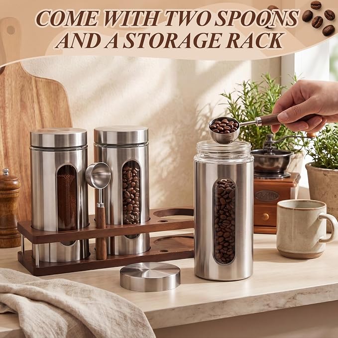 Stainless Steel Coffee Grounds Canisters Container with Shelf | 3 x 50oz, Sugar Coffee Bean Storage Container Set, Airtight Threaded Lid, Glass Window, Scoop, Kitchen Jar for Coffee Bar