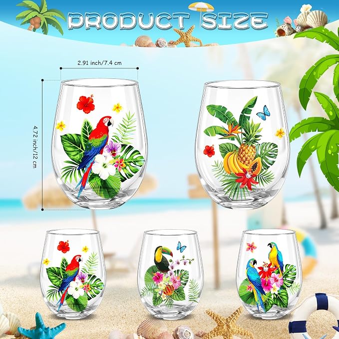 Nuogo 4 Set Summer Tropical Stemless Wine Glasses 17oz Flamingo Parrot Wine Tumblers Hawaii Colorful Flower Leaves Glass Cups Gift for Tiki Luau Party Pool Birthday