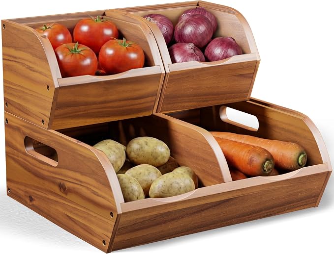 Acacia Pantry Storage Bins, Stackable Potato and Onion Organizer | Easy Assembly With Included Hardware – Stack 3 Modular Bins Or Use Separately For Flexible Storage And Open-Front Access