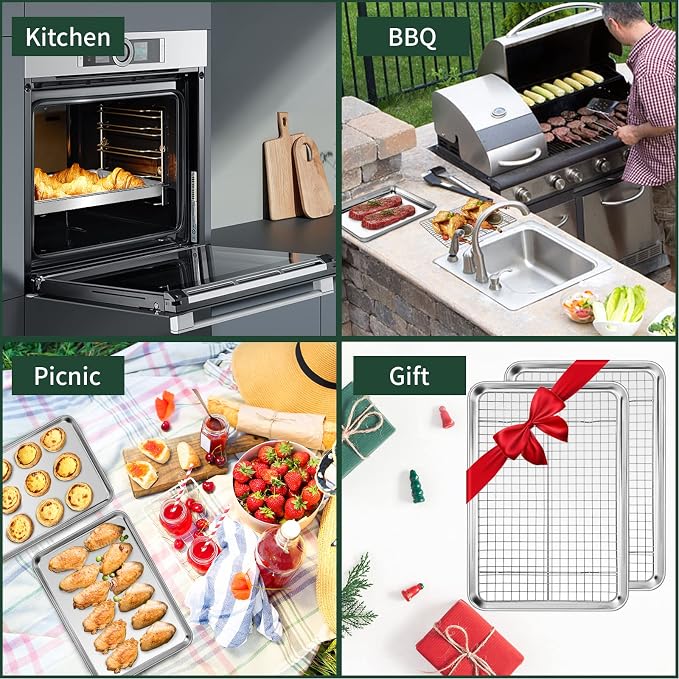 Small Baking Sheet with Rack Set [2 Cookie Sheets + 2 Baking Racks], CEKEE Stainless Steel Small Baking Pan and Grill Rack - Rust & Warp Resistant & Nonstick, Size 9.33 x 6.96 x 1 Inch
