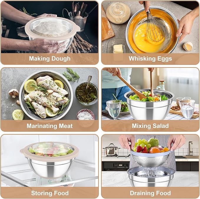 TeamFar Mixing Bowls with Colander, Stainless Steel Salad Bowls, Khaki | 4.6/ 3/ 1.5 QT Nesting Bowls Rotatable Fruit Strainer, with Lids & 3 Graters, Non-Slip Bottom & Visible Lid, Dishwasher Safe