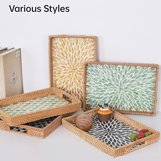 Rectangle Rattan Tray with Mother of Pearl Inlay, Rattan Serving Tray with Handle for Coffee, Bread, Fruits, Snacks, Decorative Wicker Tray for Table Decor (Rectangle Amber Leaf, 13"×9")