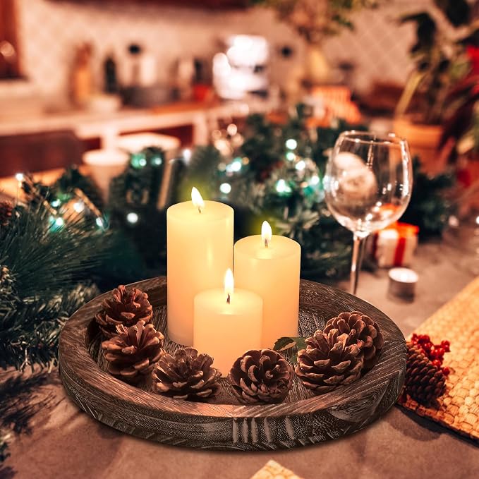 Round Wood Trays Home Decor Farmhouse Coffee Table Centerpieces Decorative | Circle Small Wooden Candle Holder Rustic Living Room Dining Table Decorations Boho Kitchen Bathroom Counter Dresser Tray