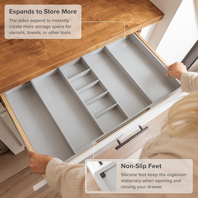 Utensil & Junk Drawer Organizer, 19-33 in, Gray Bamboo | Food-safe contract grade, 100% sustainable wood, non-slip, adjustable