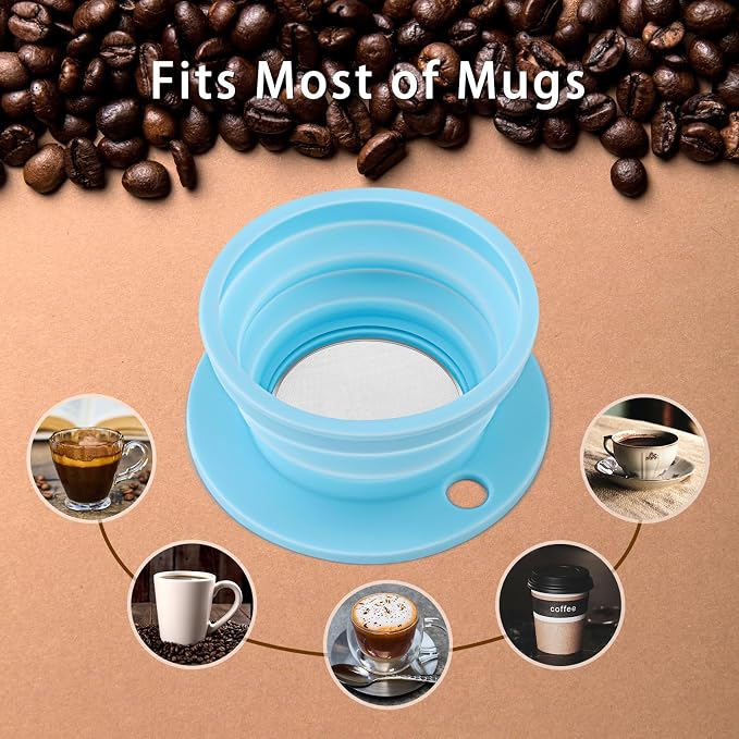 2 Pieces Paperless Travel Pour Over Coffee Maker with Stainless Steel Coffee Filter - Camping Pour Over Coffee Maker Set - Collapsible Travel Pour over Coffee Dripper Kit Single Cup (Black+Blue)