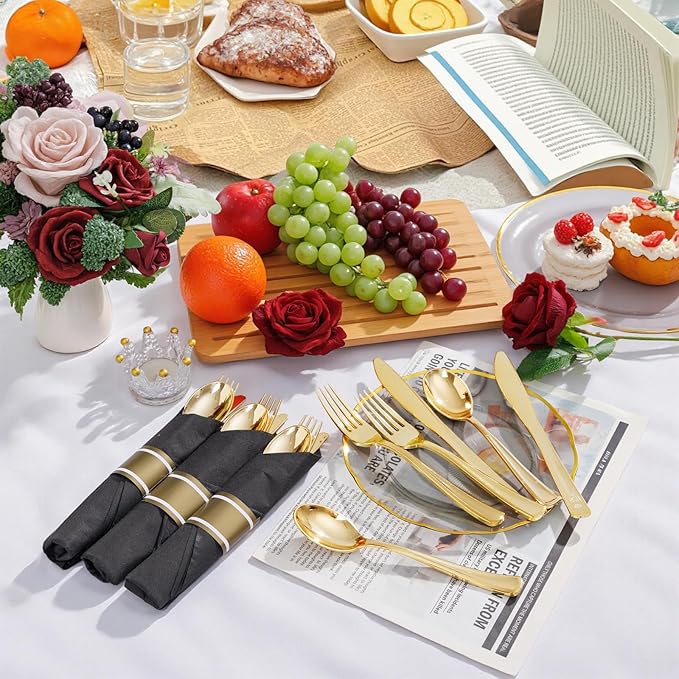 30 Pack Pre Rolled Gold Plastic Silverware with Black Napkins | Heavy Duty Black Disposable Wrapped Flatware Cutlery Set for for Wedding, Birthday & Party Supplies