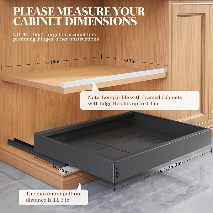 Seinloes 4 Pack Expandable Pull Out Cabinet Organizer 21"Deep With Raising Pad for Framed Cabinets,Upgrade 3 Slide Rails Slide Out Drawers,No Drill Roll Out Shelves,Adjustable Width 15.1"-26.3" Black