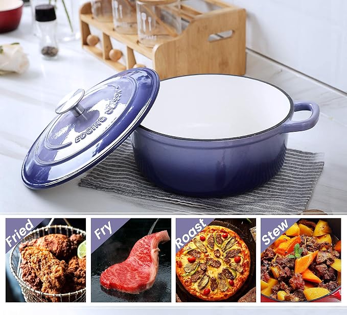 EDGING CASTING Enameled Cast Iron Duch Oven, 5.5 Quart Round Dutch Ovens Pot with Lid, Dual Handle for Bread Baking, Purple
