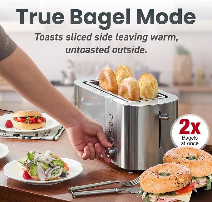 Elite Gourmet ECT4123X 4-Slice Long Slot Toaster, Stainless Steel | 6 Toast Shade Settings, Bagel, Defrost & Cancel Functions, 1.5" & 5.1" Deep Slots Fit Bagels, Waffles & Artisan Breads