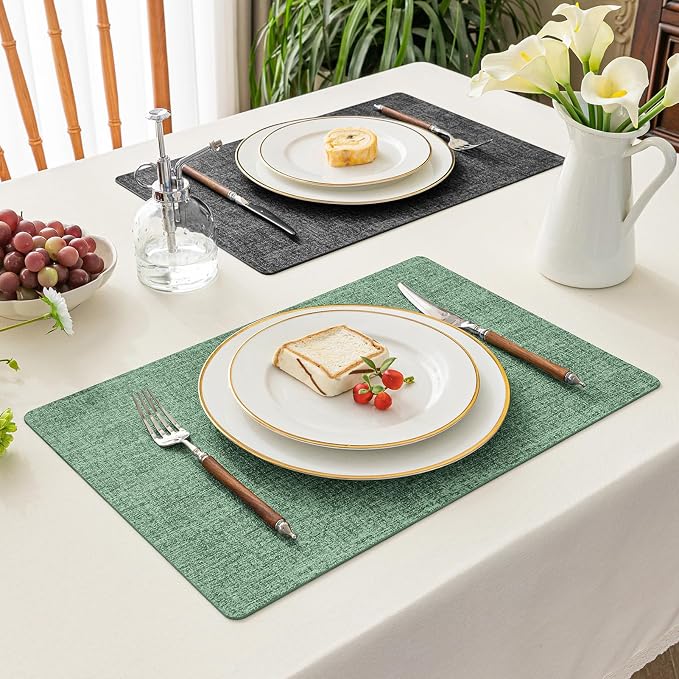 Romanstile Vinyl Placemats Set of 4, Reversible Faux Leather Heat Resistant Wipeable Table Mats, Waterproof Washable Non-Slip Table Placemats for Dining/Kitchen/Outdoor (Grey DarkGreen, 12" x 17")