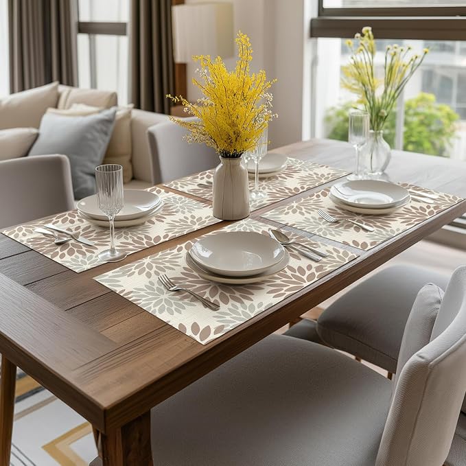 Artoid Mode Floral Vinyl Placemats Set of 4, 12x18 Inch Washable Non-Slip Plastic Vinyl Place Mats for Party Kitchen Dining Decor, Brown