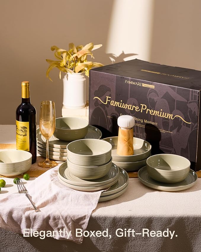 Stoneware Dinnerware Sets with Pasta Bowls, Service for 6 | 24-Piece Ceramic Plates and Bowls, Speckled Spiral Dishes, Chip & Scratch Resistant, Microwave & Dishwasher Safe, White Honey