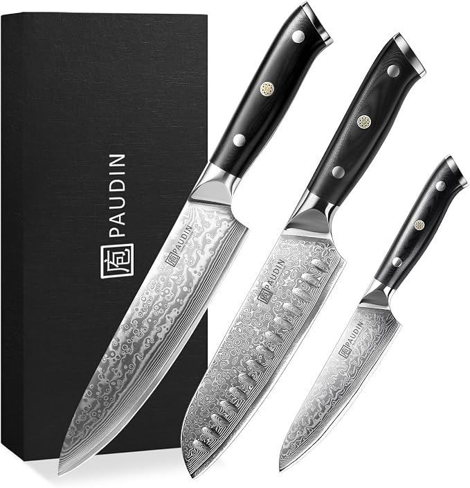 PAUDIN Damascus Knife Set 3 PCS, Japanese VG10 Steel Core, Ultra Sharp Chef Knife Set, Full Tang G10 Handle, Damascus Kitchen Knives | 67-Layer Forged Kitchen Knife Set, Japanese VG10 Steel Core, Full Tang G10 Handle