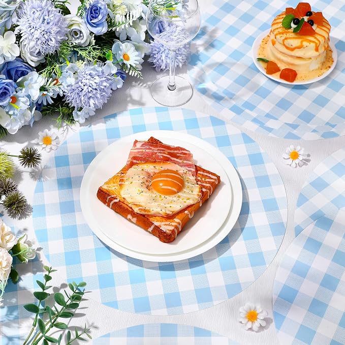 Funnymoom 60 Pcs Blue and White Gingham Disposable Paper Placemats Round Table Place Mat Summer Checkered Decorative Paper for Baby Shower Wedding Birthday Party Dinner Table Decor