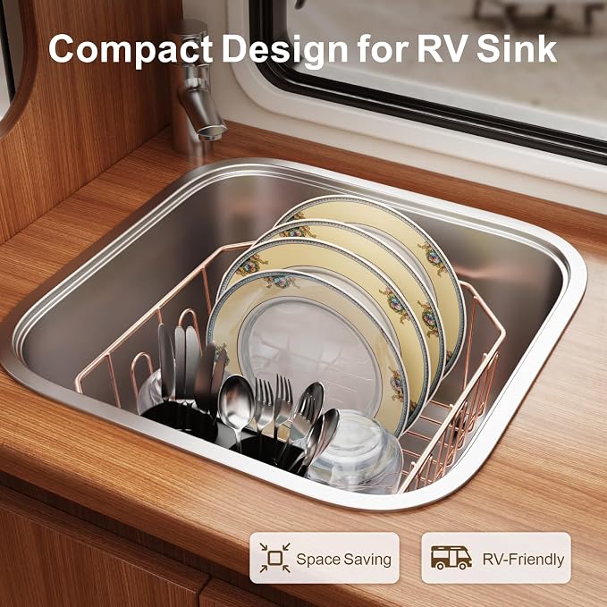 Small in Sink Dish Drying Rack - Stainless Steel for RV Kitchen | Compact Design for Apartments, Angled Corners Fit Square & Round Sinks, Utensil Holder, Cup Hooks, 1-2 Person, 11.6" x 13.4"