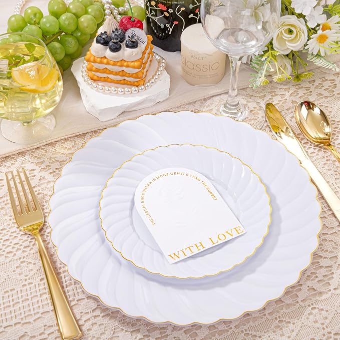 YOUBET 125PCS White and Gold Plastic Plates for Wedding Parties | White Plates Disposable with Gold Rim Include 25 Dinner Plate 25 Dessert Plate 75 Gold Silverwares