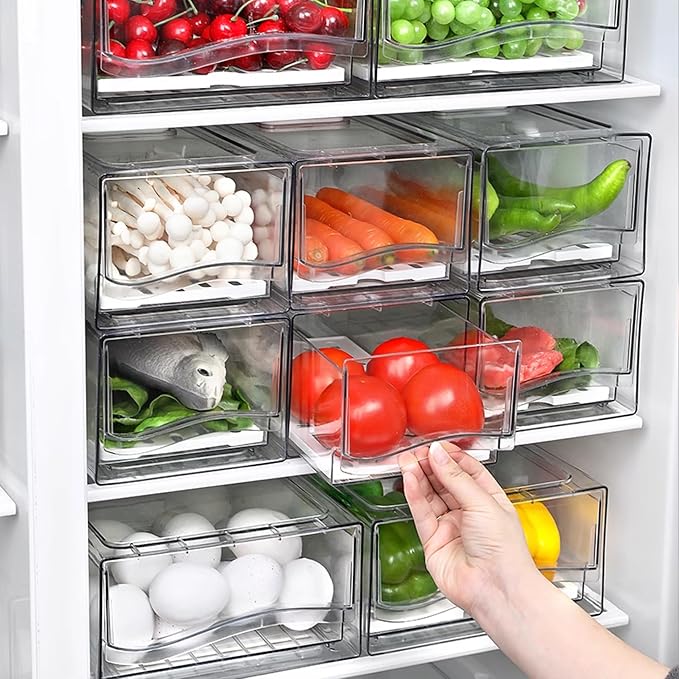 Fridge Organizers and Storage, BPA-Free Large Fridge Organizer (2 Drawers) | Stackable Reusable Transparent Refrigerator Organizer, Keep Fruits and Vegetables Fresh in refrigerator freezer, Food Storage