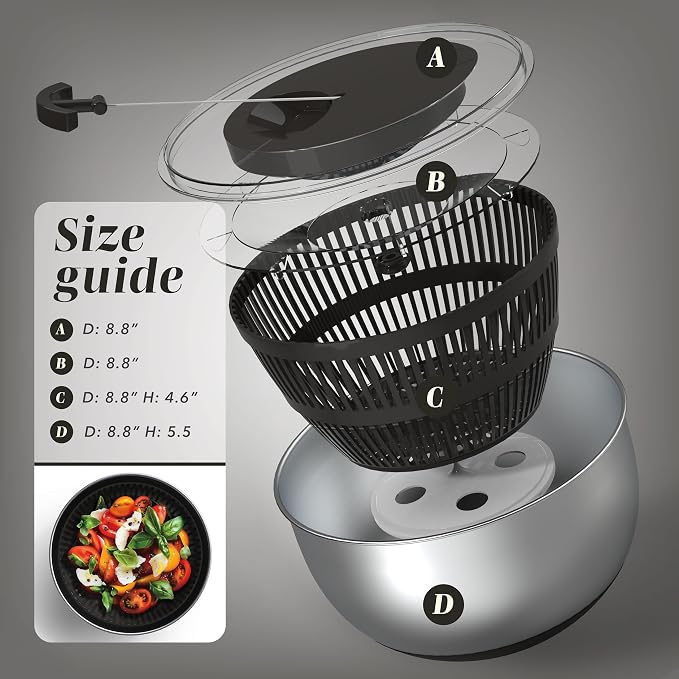 COOK WITH COLOR Stainless Steel Salad Spinner - 5 Qt. Lettuce Washer And Vegetable Spinner Dryer for Easy Salad Prep - Non Slip Base with Pull Handle - Auto Stop Brake System, Stain and Odor Resistant