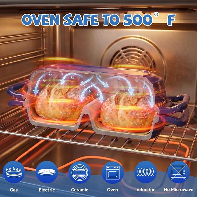 Double Dutch Oven Pot with Lid, 2.2QT Enameled Cast Iron Bread Loaf Pan, Mini Dutch Oven For Sourdough Bread Baking, 500°F Oven Safe Non Stick Dual Round Bread Pan, Bread Oven, 16.5cm Diameter, Blue
