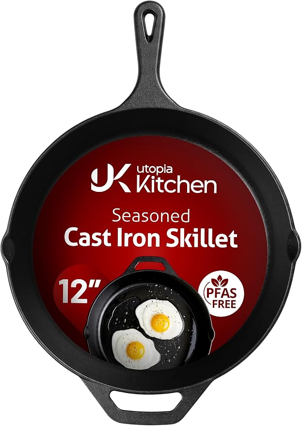 Utopia Kitchen Cast Iron Skillet 12 Inch Pre-Seasoned PFAS-Free Black | Chef Pan, Even Heat Distribution, Stovetop, Oven, Campfire and Grill Safe, Large Skillet, Indoor Outdoor Use