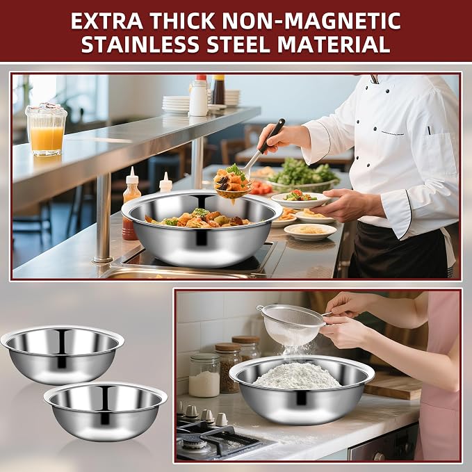 6 Pcs Stainless Steel Mixing Bowls Metal Mixing Bowls Extra Large Basin Salad Bowl with Deeper Edge, Dishwasher Safe, Mirror Finish for Home and Commercial, Silver (13 Inch 7 Qt)