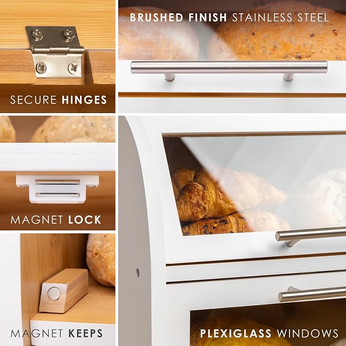 Arise Stylish Bamboo Bread Box for Kitchen Countertop, Extra Large 2-Shelf Wooden Bread Storage Container with Clear Windows and Air Vents Keep Bread, Bagels and Rolls Fresh, Self Assembly | Bread Storage Container with Clear Windows & Air Vents, Bread...