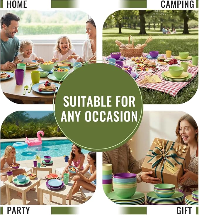 Kitchen Wheat Straw Dinnerware Set | Service for 8 | Unbreakable Dinnerware Set Plates and Bowls Sets Dinner Plates Dessert Plate Drinking Glasses Cereal Bowls Kitchen Dishes Sets - Memphis