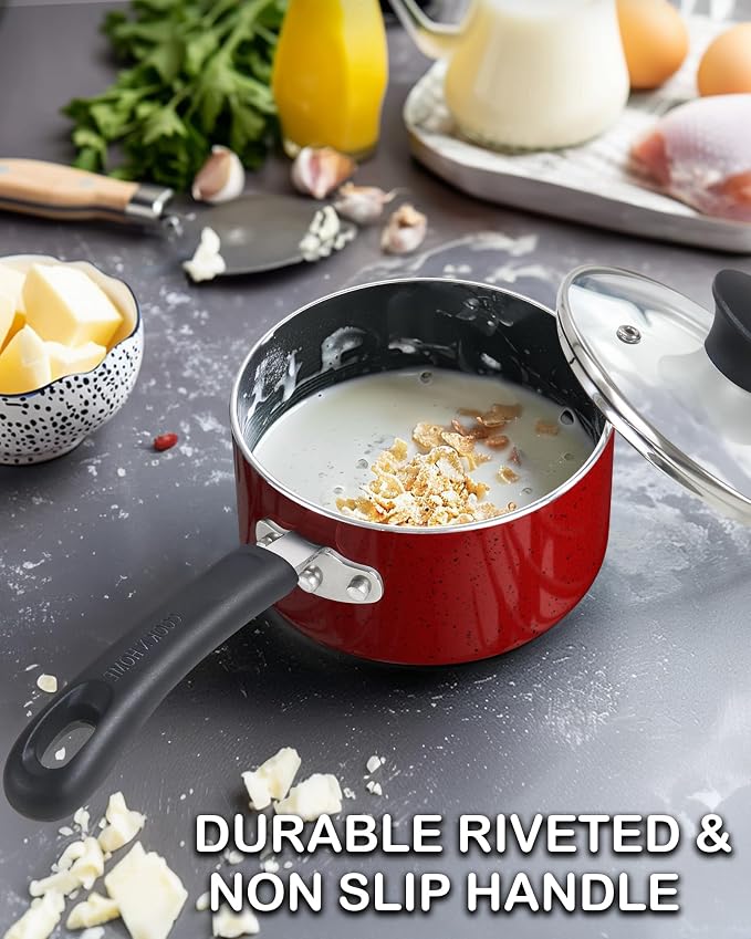 Cook N Home Basic 2 Quart Nonstick Saucepan with Glass Lid, Small Non Stick Aluminum Sauce Pan, Multi-Purpose Milk Chocolate Cooking Pot with Stay-Cool Handle, Marble Red | Small Non Stick Aluminum Sauce Pan, Multi-Purpose Milk Chocolate Cooking Pot wi...