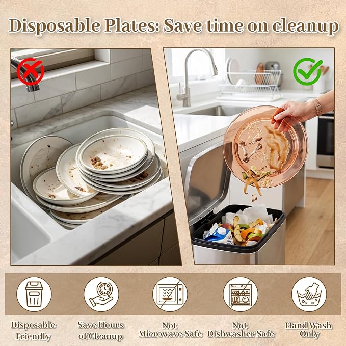 DaYammi 210PCS Clear Amber Plastic Dinnerware Set for 30 Guests, Fancy Disposable Plates for Party, Include: 30 Dinner Plates, 30 Dessert Plates, 30 Pre Rolled Napkins with Silverware, 30 Cups