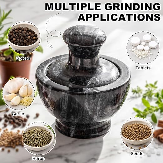 Hushee Marble Mortar and Pestle Set 3.74 Inch 1/2 Cup Stone Grinder with Mushroom Pestle Brush and Non Slip Pads Small Spice Grinder Pill Crusher for Herbs Garlic Spices Kitchen Tool