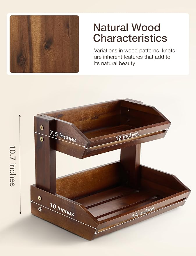 HOLANA Acacia 2 Tier Fruit Basket, Sturdy, Easy Assembly (Walnut color) | Solid Acacia Wood, Non-slip Pads, 20LBS Capacity, Slatted Design, Multi-Purpose Storage for Fruit & Vegetable, Pantry Bin