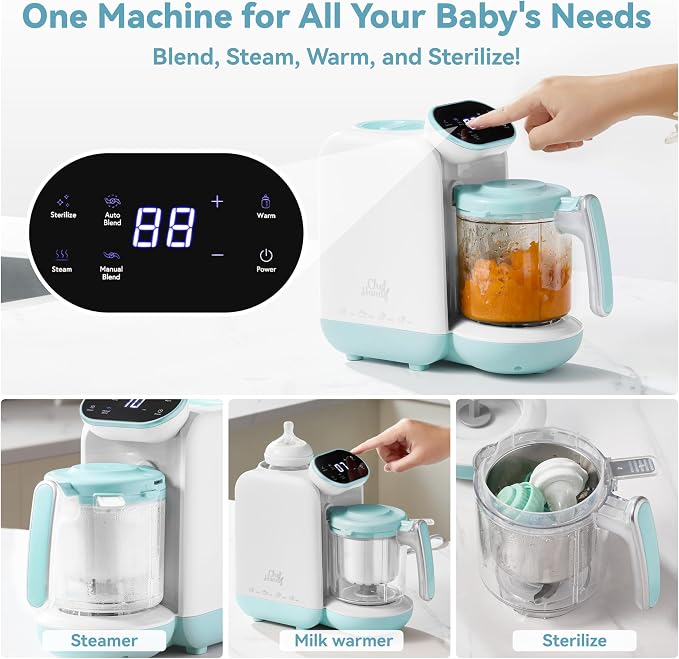 Baby Food Maker with Stainless Steel Steam Basket, One-Step Steam & Blend | All-in-one food processor with BPA-free food-contact parts, adjustable textures, 6 food pouches, plus a recipe guide.